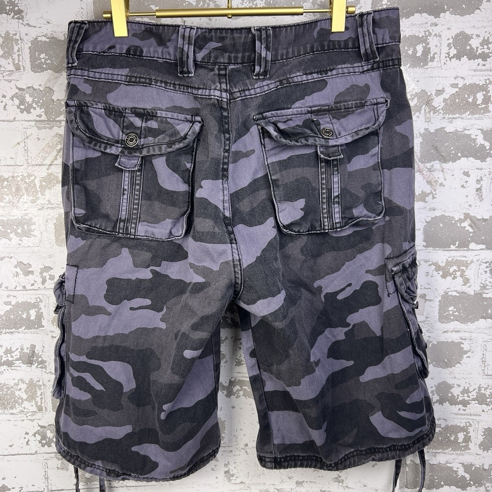 Y2K Blue Camo Cargo Shorts 34 Victorious Skater Leg Drawstrings Baggy 10" Inseam